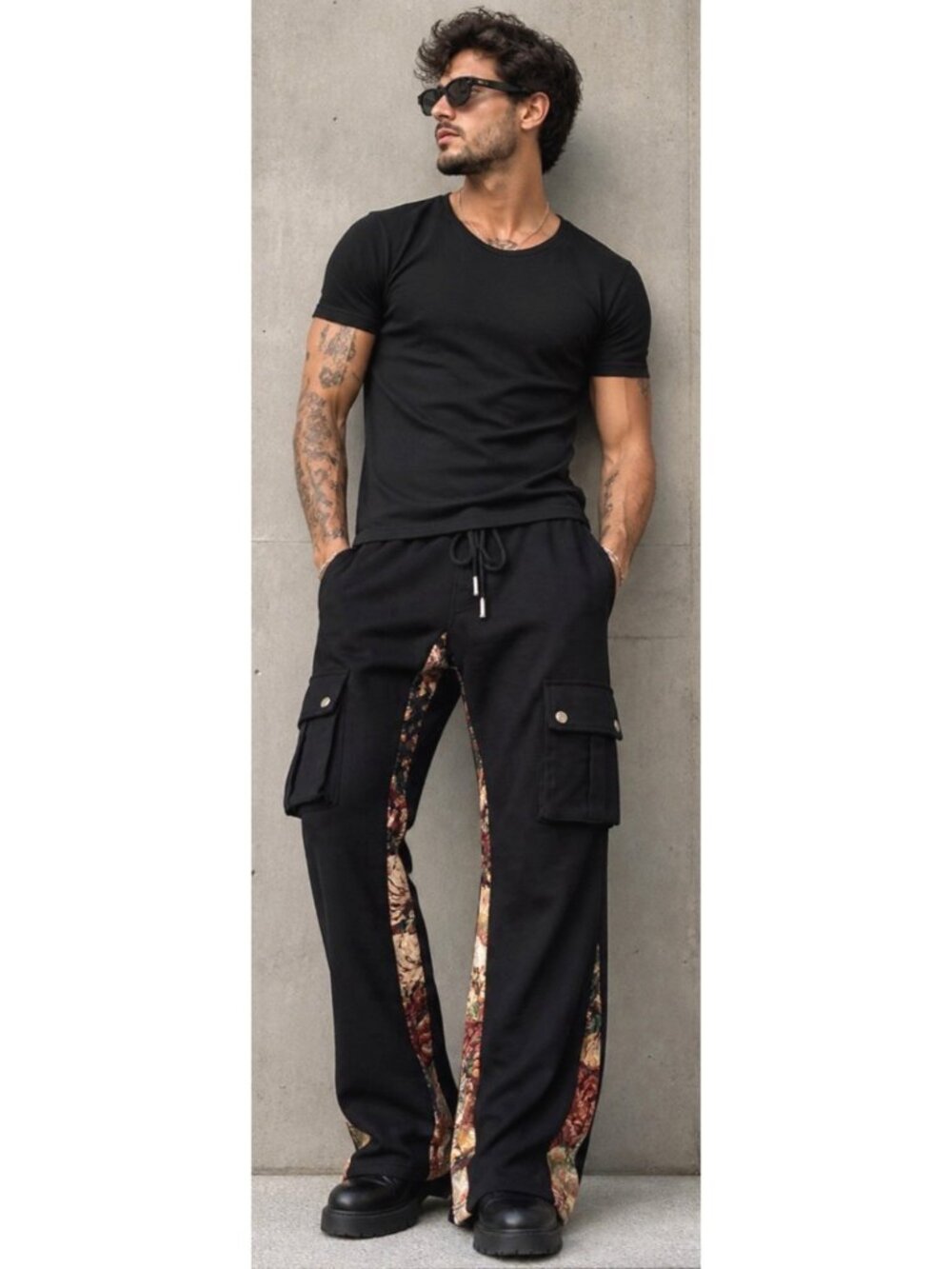 New Valabasas Black Floral 100% Cotton Blek Le Rat Stacked Flare Cargo Pants